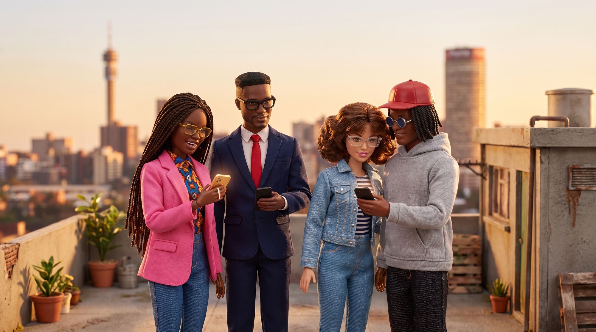 Four friends on a Johannesburg rooftop at sunset, looking at their phones